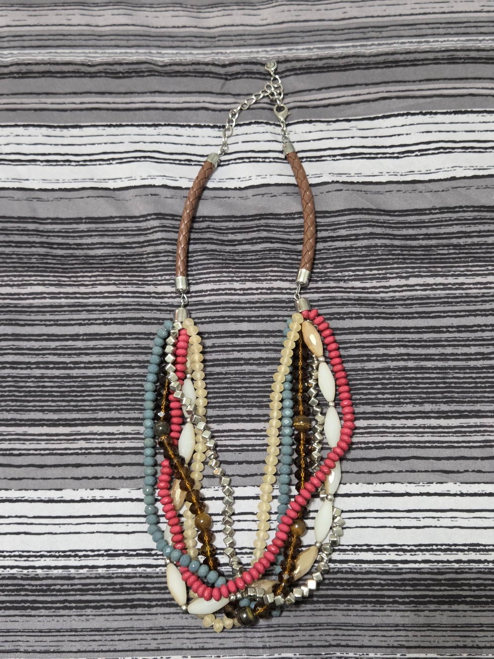 Boho Multi-Strand Statement Necklace with Leather Accent & Mixed Earthy Beads